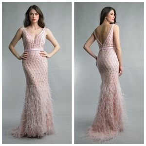 BASIX BLACK LABEL D1472L FEATHER EMBELLISHED PLUNGE V NECK GOWN Size 10